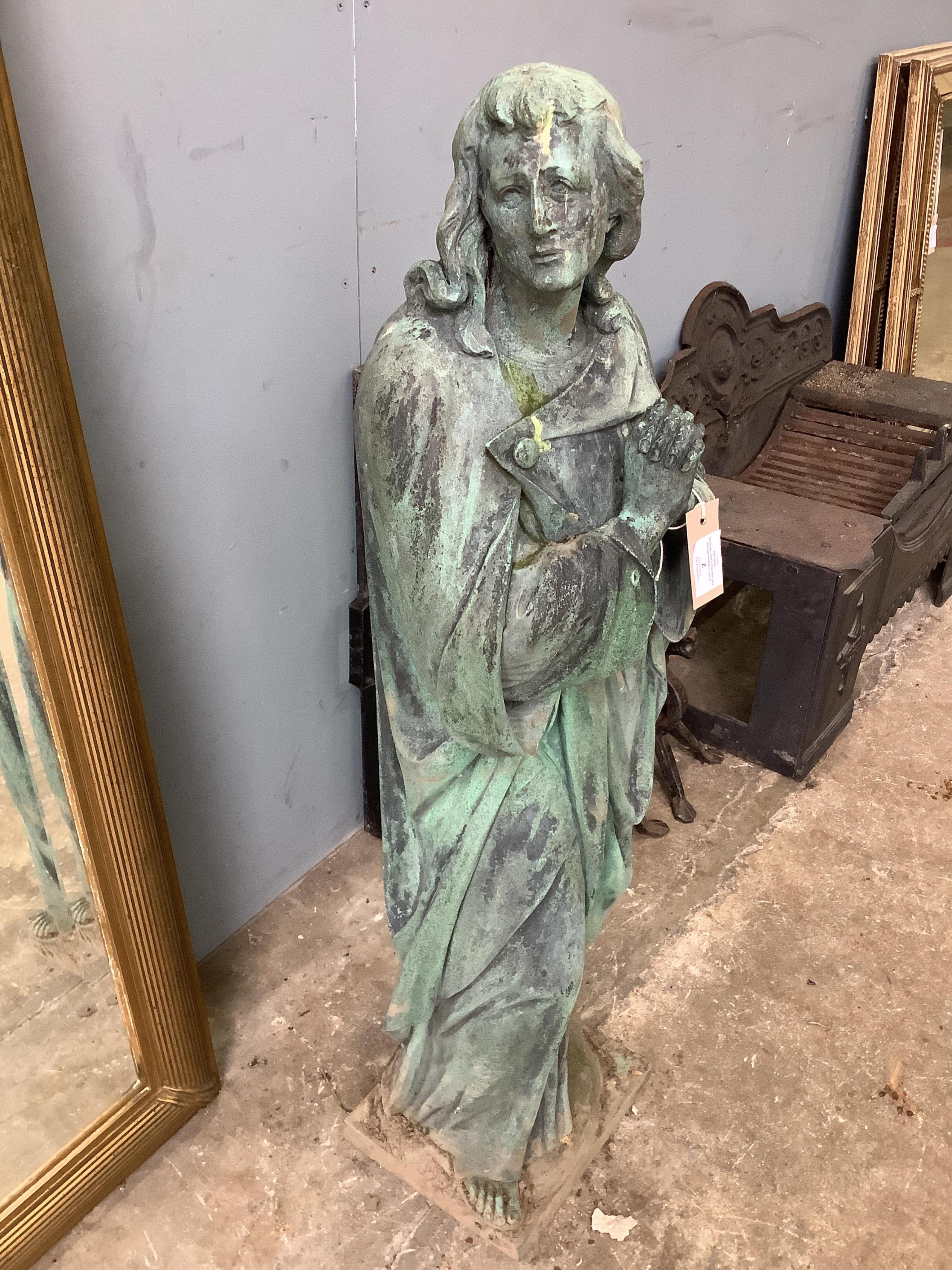 A Victorian green patinated cast iron statue of a saint in prayer, height 92cm. Condition - poor to fair